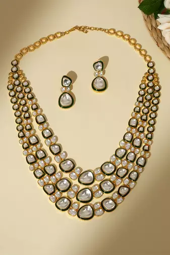 Gold plated kundan green enamel necklace set
