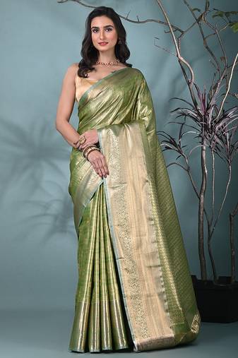 green tissue silk blend kanjivaram saree with intricate border