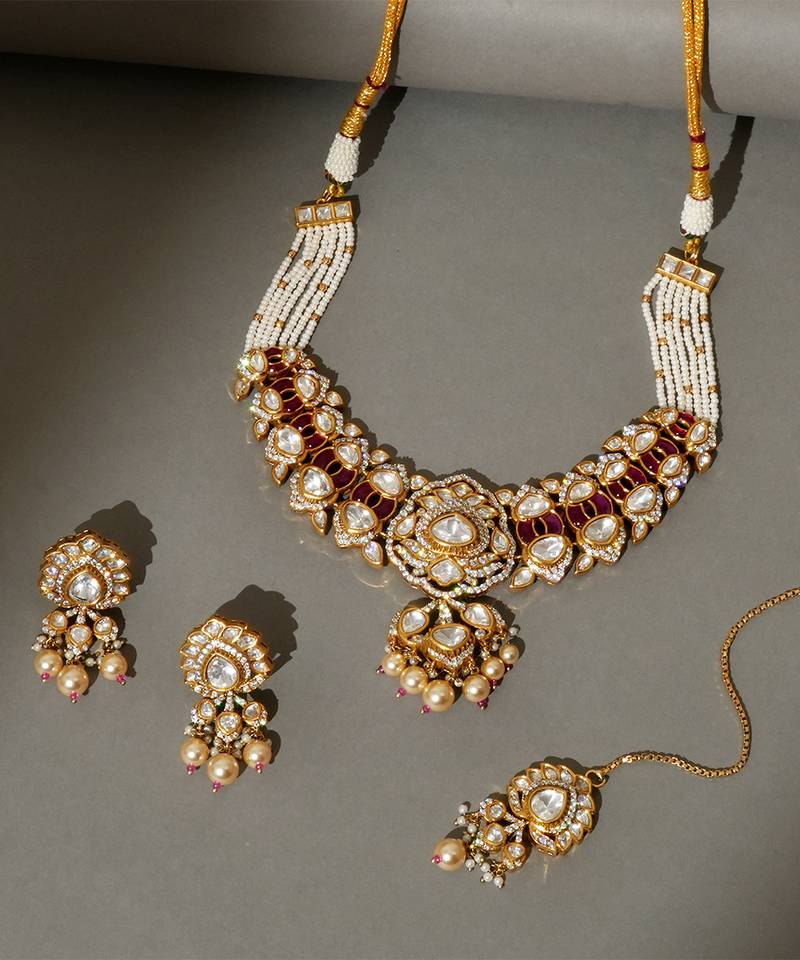 Gold plated kundan red stones necklace set