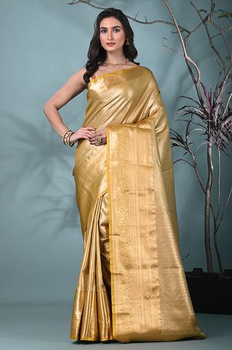 golden tissue silk blend kanjivaram saree with intricate border