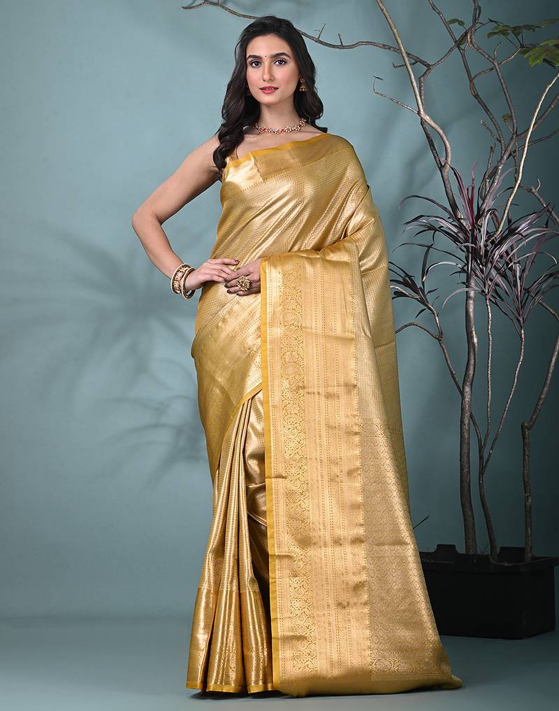 golden tissue silk blend kanjivaram saree with intricate border