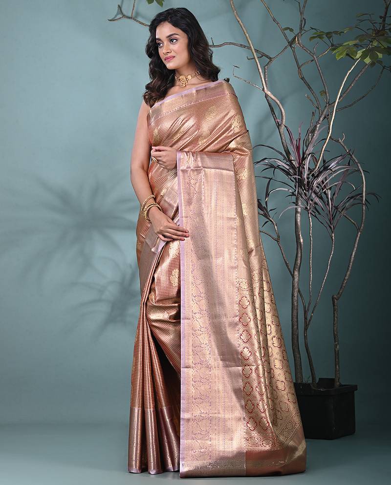 dark red tissue silk blend kanjivaram saree with intricate border