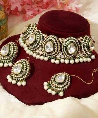 Gold plated kundan green stones choker necklace set 1