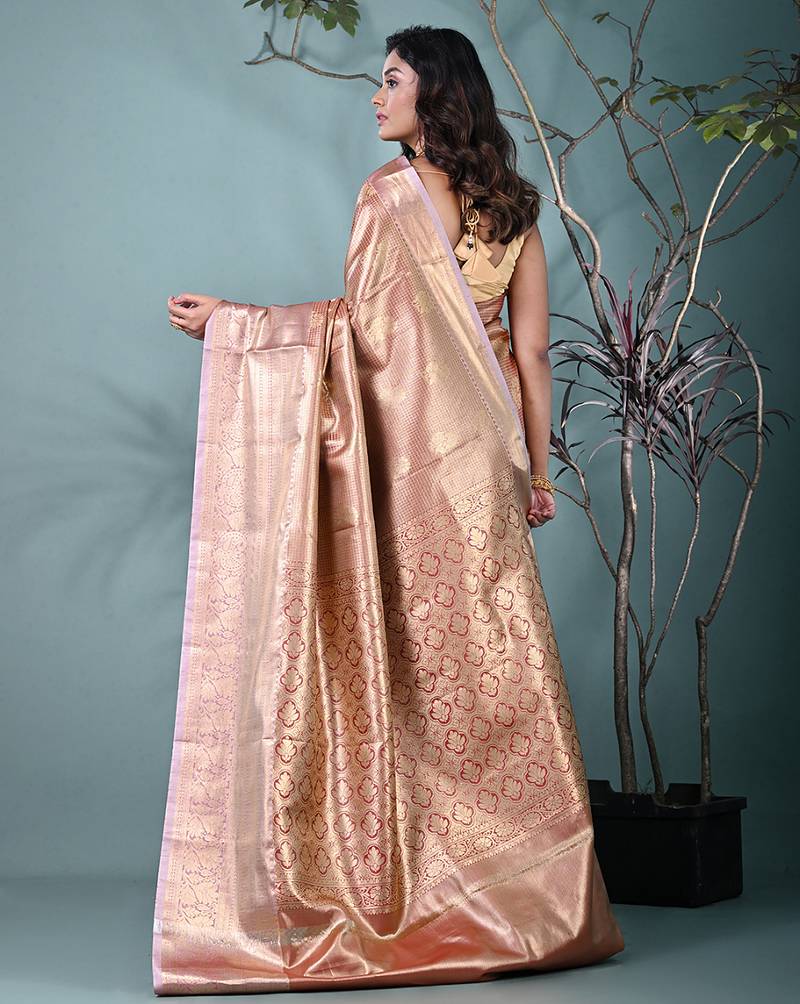 dark red tissue silk blend kanjivaram saree with intricate border