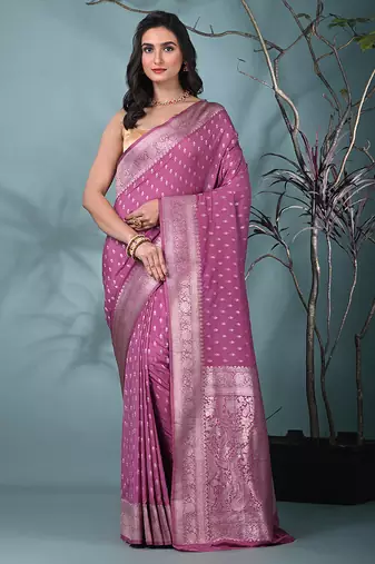 elegant mauve georgette saree with intricate silver zari work
