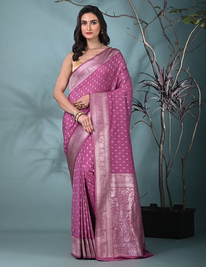 elegant mauve georgette saree with intricate silver zari work