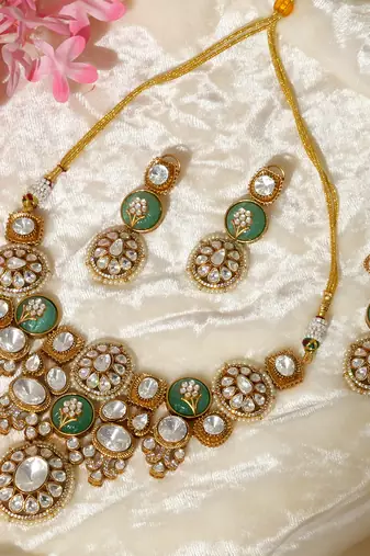 Gold plated kundan green stones necklace set