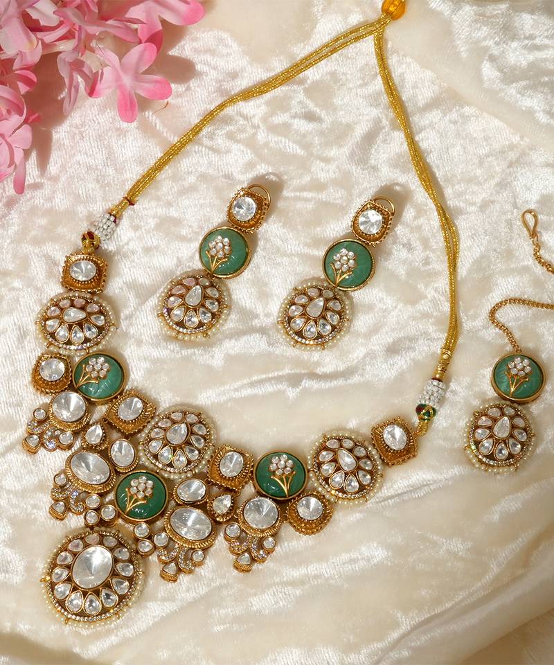 Gold plated kundan green stones necklace set