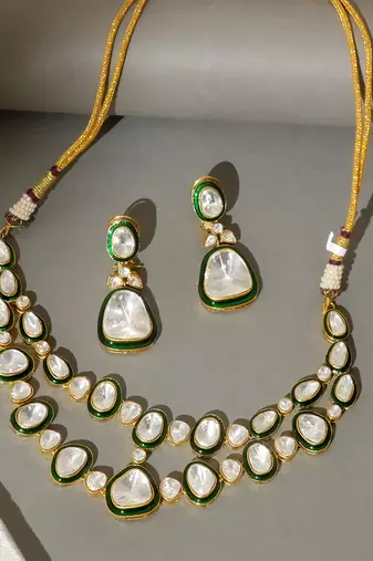 Gold plated kundan green enamel necklace set
