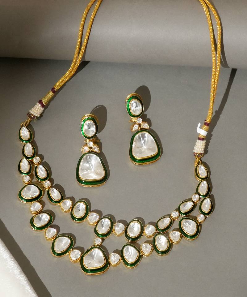 Gold plated kundan green enamel necklace set