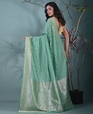 elegant sea green georgette saree with intricate silver zari work 3