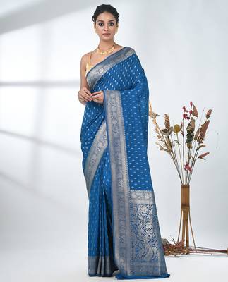 elegant sky blue georgette saree with intricate silver zari work 1