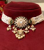Gold plated kundan green stones choker necklace set