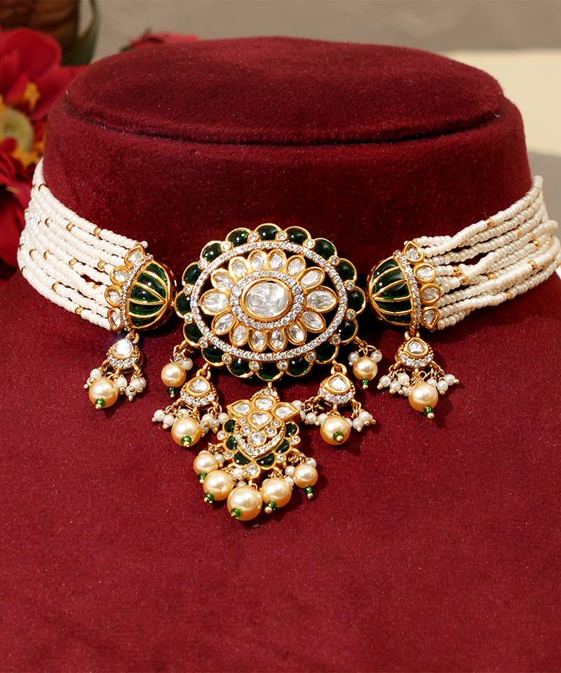 Gold plated kundan green stones choker necklace set