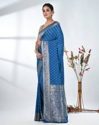 elegant sky blue georgette saree with intricate silver zari work 2