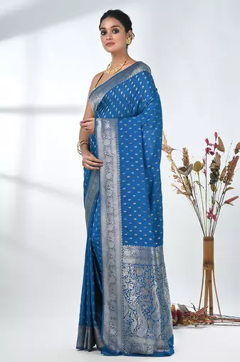elegant sky blue georgette saree with intricate silver zari work