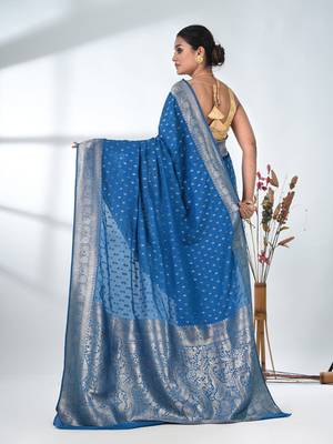 elegant sky blue georgette saree with intricate silver zari work 3