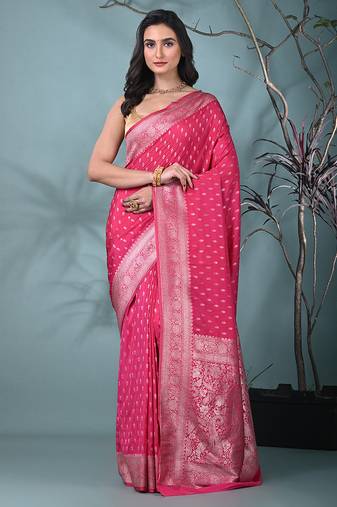 elegant pink georgette saree with intricate silver zari work