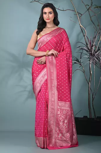 elegant pink georgette saree with intricate silver zari work