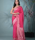 elegant pink georgette saree with intricate silver zari work
