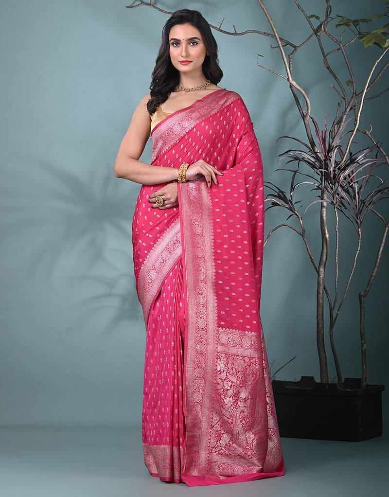 elegant pink georgette saree with intricate silver zari work