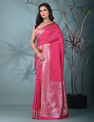 elegant pink georgette saree with intricate silver zari work 2