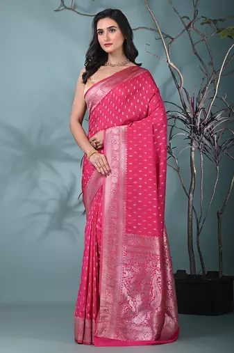 elegant pink georgette saree with intricate silver zari work