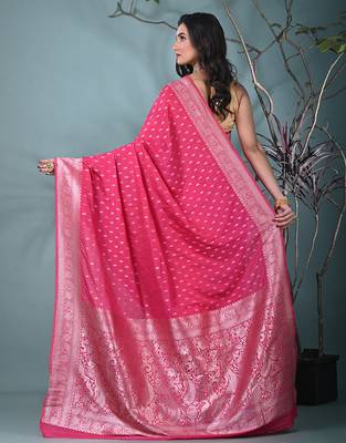 elegant pink georgette saree with intricate silver zari work 3