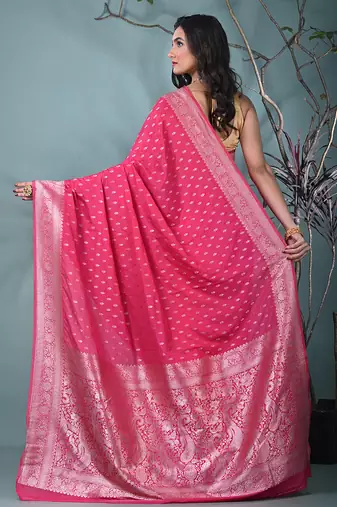 elegant pink georgette saree with intricate silver zari work