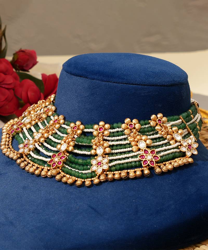 Gold plated kundan green stones necklace set
