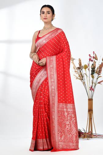elegant red georgette saree with intricate silver zari work