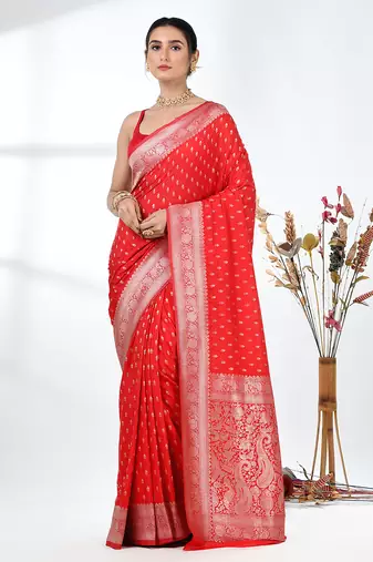 elegant red georgette saree with intricate silver zari work