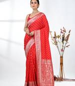 elegant red georgette saree with intricate silver zari work