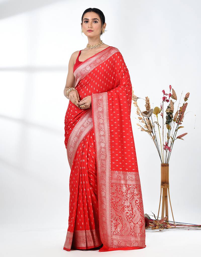 elegant red georgette saree with intricate silver zari work