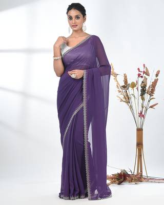 stylish violet chiffon saree with stone work border 1