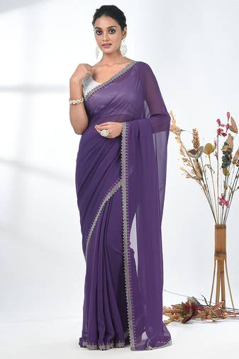 stylish violet chiffon saree with stone work border
