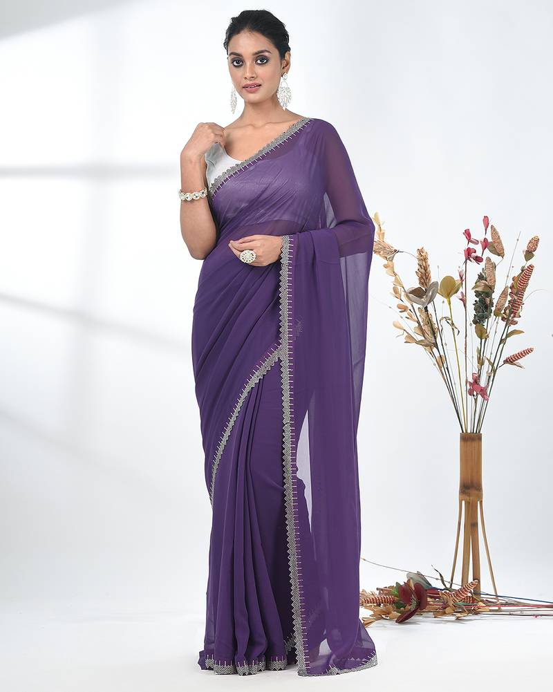stylish violet chiffon saree with stone work border