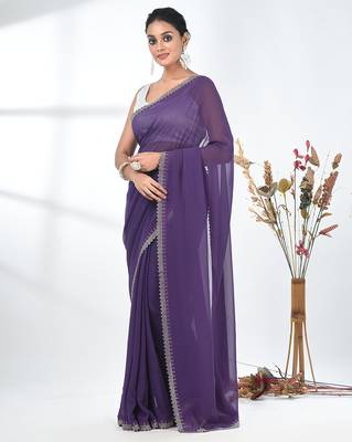 stylish violet chiffon saree with stone work border 2
