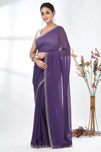 stylish violet chiffon saree with stone work border
