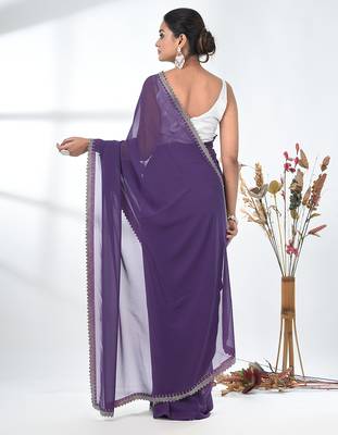 stylish violet chiffon saree with stone work border 3