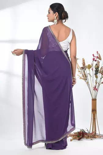 stylish violet chiffon saree with stone work border