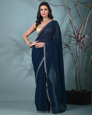 stylish teal chiffon saree with stone work border 1