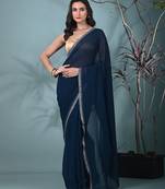 stylish teal chiffon saree with stone work border