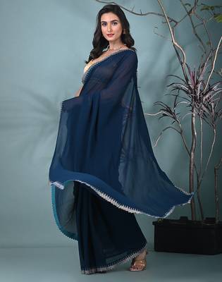 stylish teal chiffon saree with stone work border 2