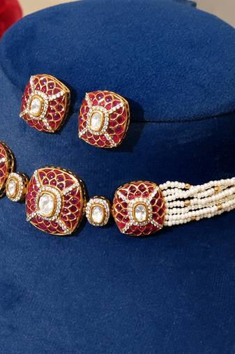 Gold plated kundan red stones choker necklace set