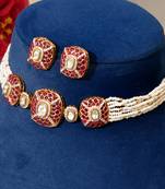 Gold plated kundan red stones choker necklace set