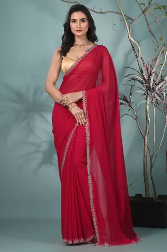 stylish fuchsia chiffon saree with stone work border