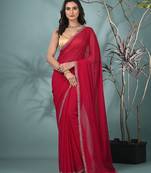 stylish fuchsia chiffon saree with stone work border
