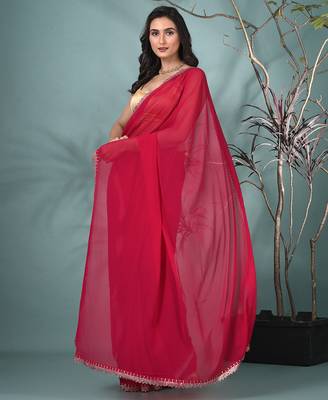 stylish fuchsia chiffon saree with stone work border 2