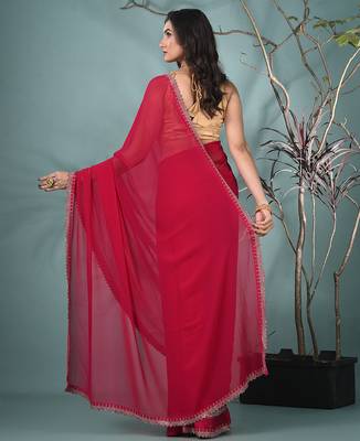 stylish fuchsia chiffon saree with stone work border 3